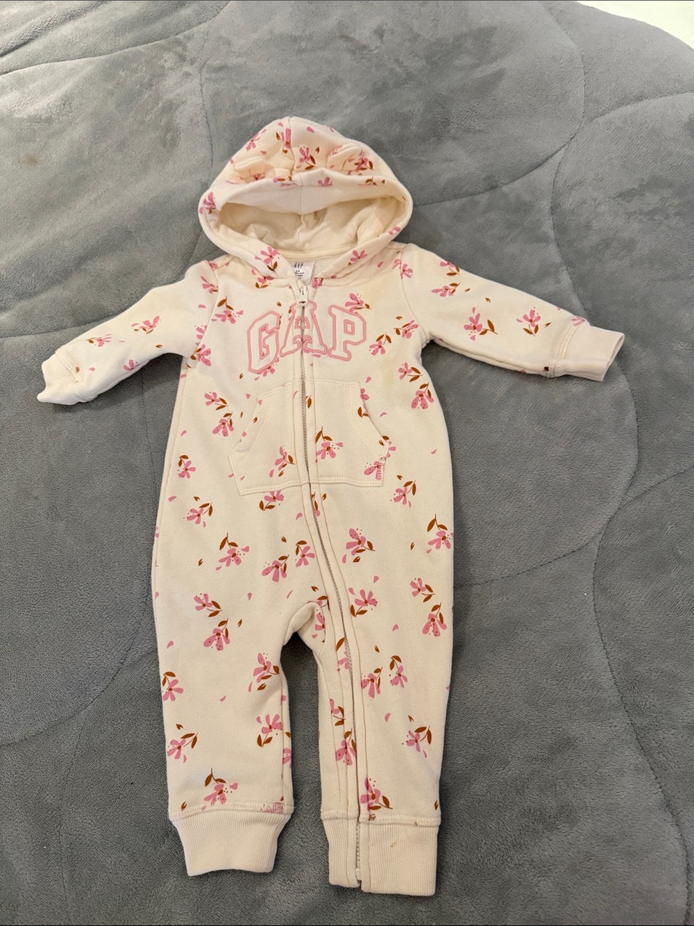 GAP Cream Hooded Floral Baby One-Piece